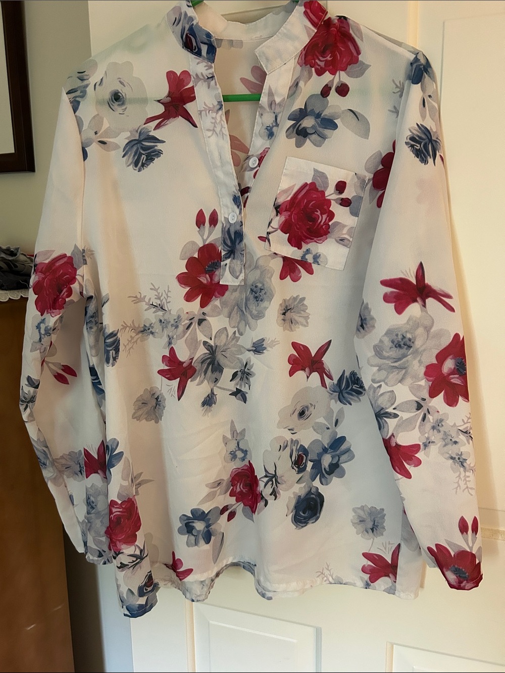 Floral Long-Sleeve Split-Neck Blouse - White with Red & Blue Flowers